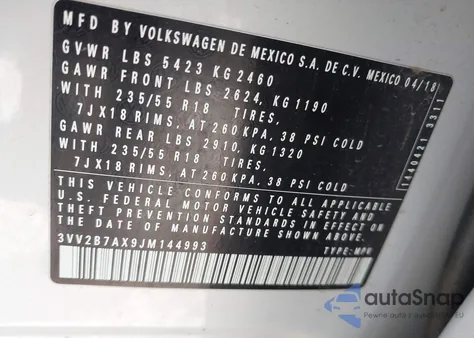 2018 Volkswagen Tiguan 2.0T Se/2.0T Sel из США, поврежденный, VIN 3VV2B7AX9JM144993